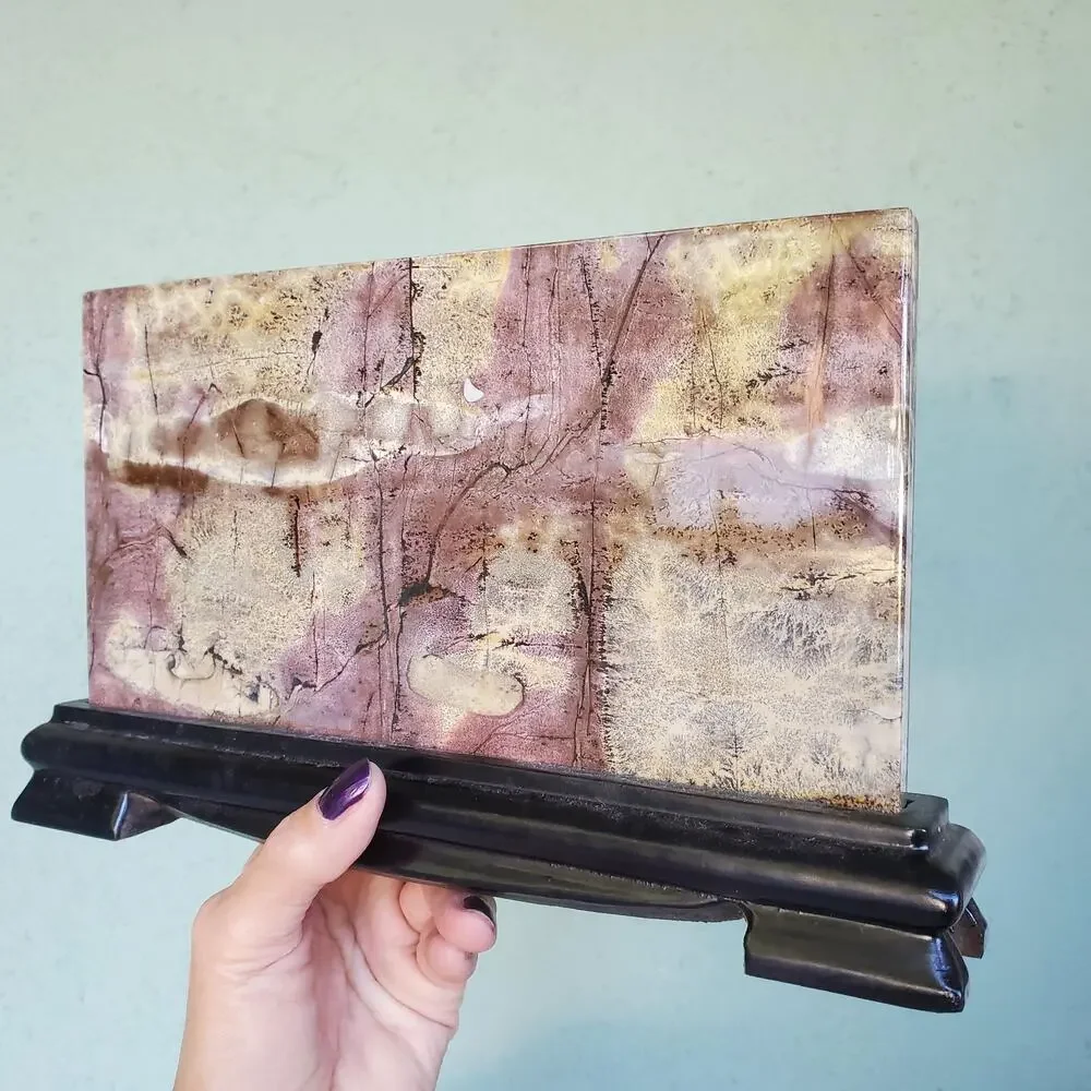 Pink Picture Jasper Dendrite Pastel Pink Display Crystal Tile With Wood Stand 8